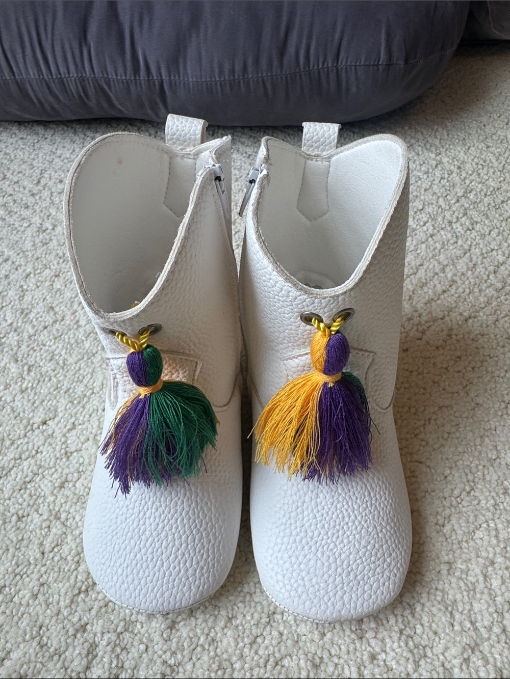 Kids White Tassel Boots with Purple, Green & Yellow Accents 3-4T
